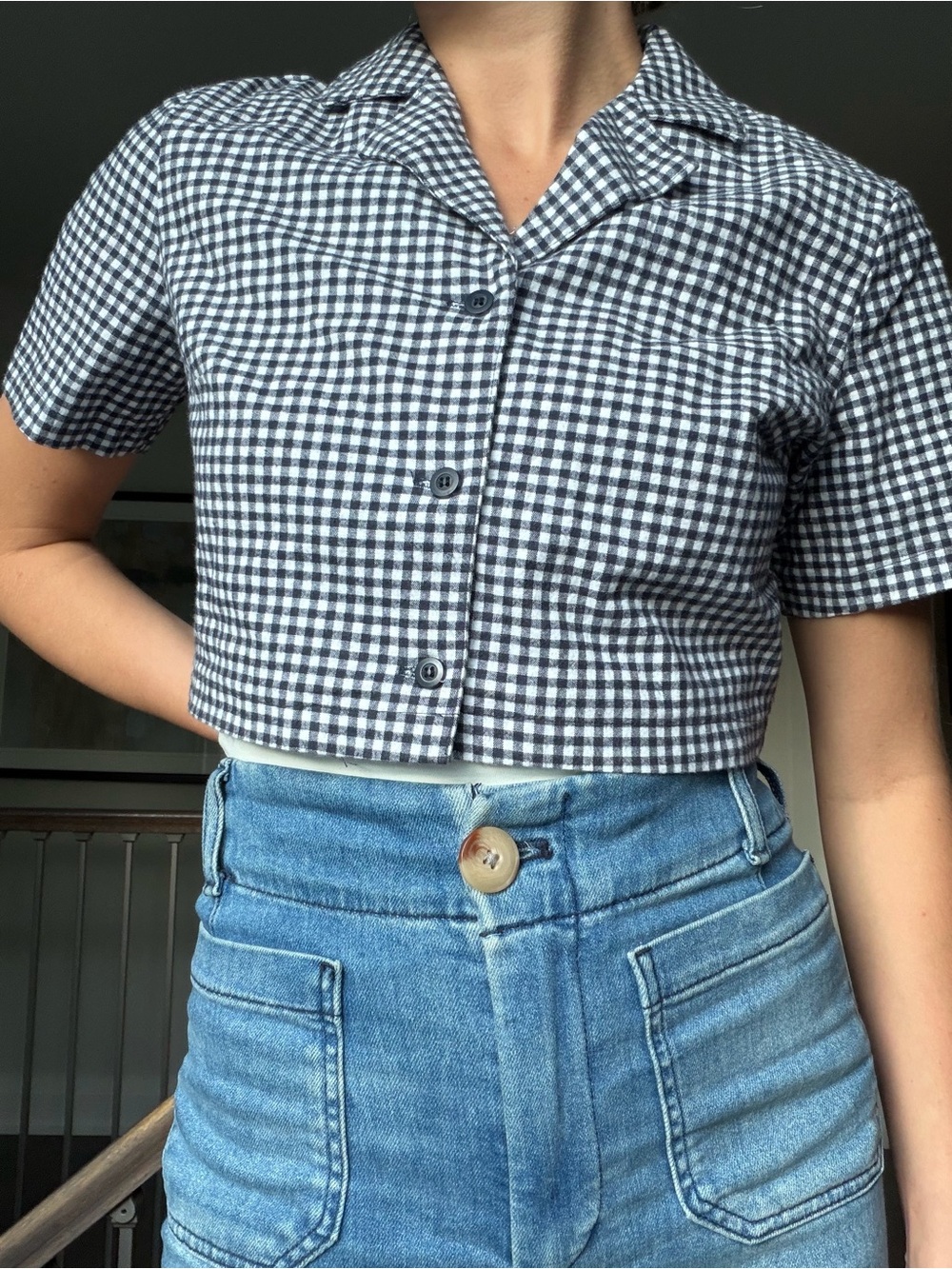 Brandy Cropped Navy and White Gingham Button-Up Top